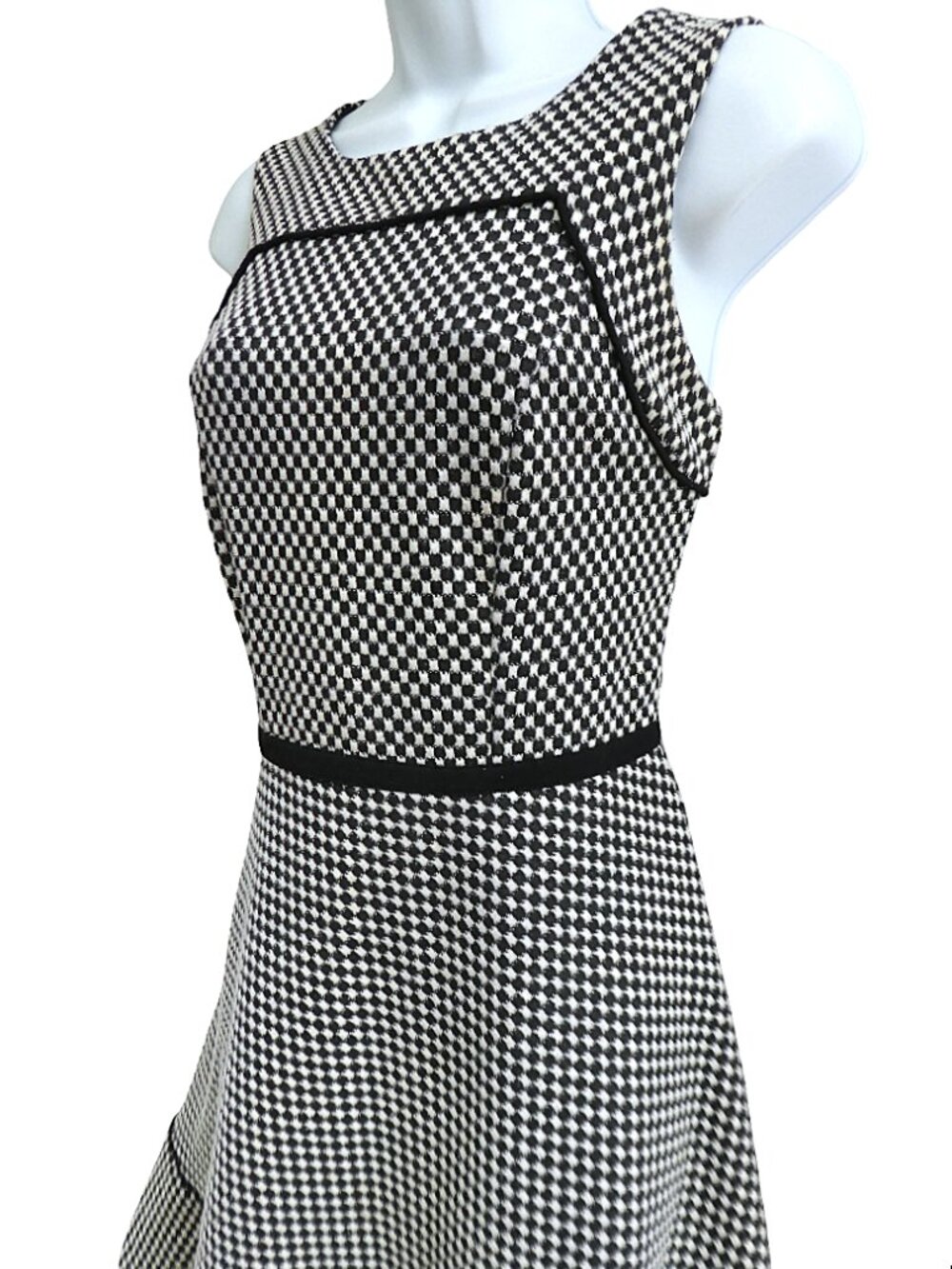 Vintage Oleg Cassini Monochromatic Check Fit & Flare Dress Black Piping Zip Back - Picture 4 of 7